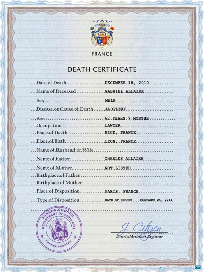 Download France vital record death certificate PSD template Photoshop template